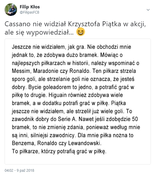 Dziwna wypowiedź Cassano nt. Krzysztofa Piątka